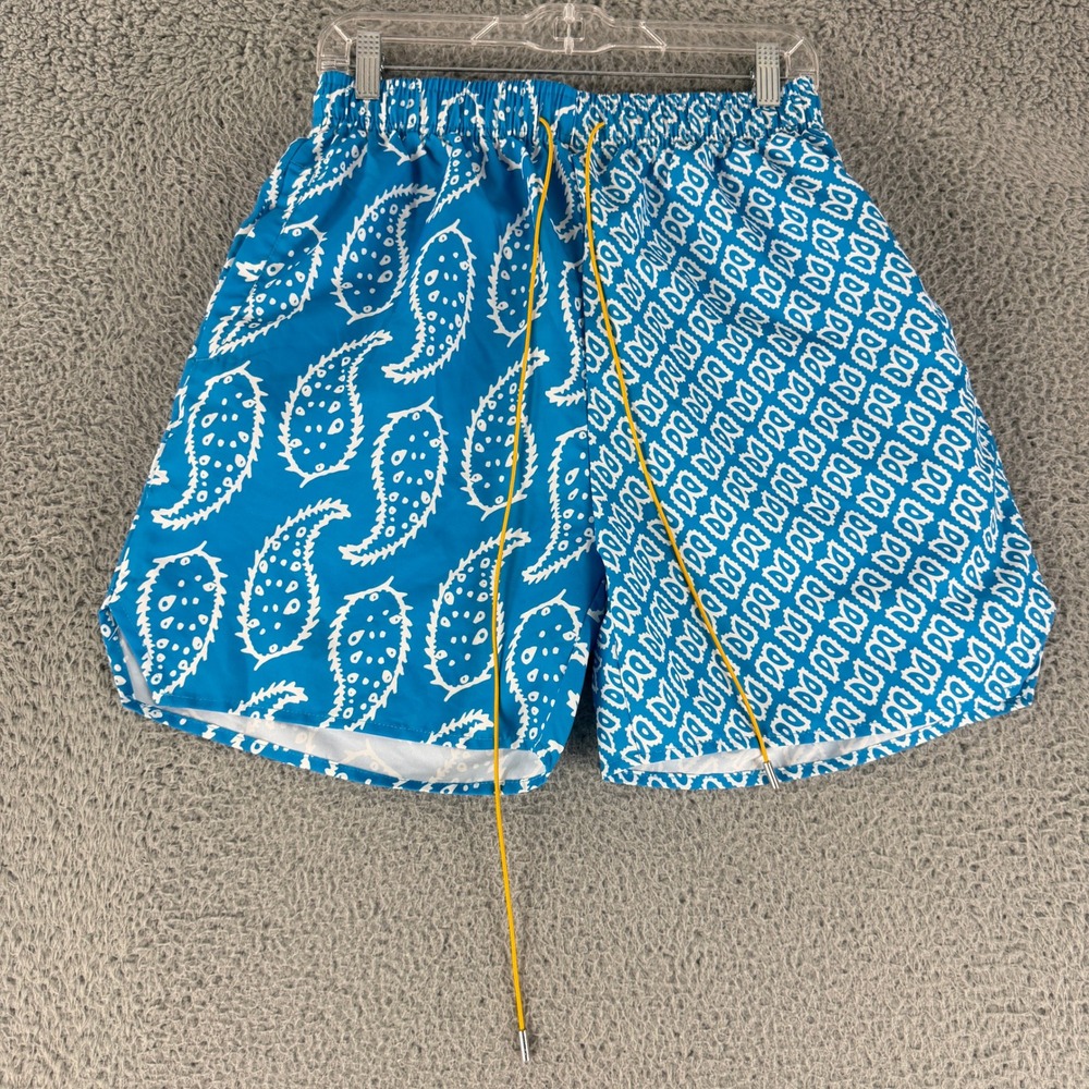 Rhude Swim Shorts Mens Large Blue Paisley Geometric Split Print Drawstring USA